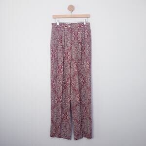 Vintage Paisley Print High Waist Trousers Red Black Rayon Pleated Pants 10